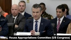 پیت هگسیت، وزیر دفاع ایالات متحده، در جریان جلسۀ استماعیه در کانگرس