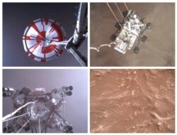 This combination of images from video made available by NASA shows steps in the descent of the Mars Perseverance rover as it approaches the surface of the planet, Feb. 18, 2021. (NASA/JPL-Caltech via AP)