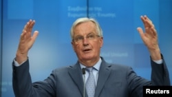 European Union's chief Brexit negotiator Michel Barnier holds a news conference after a General Affairs Council in Brussels, Belgium, Feb. 25, 2020. 