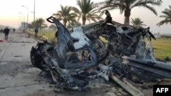 ის, რაც ირანელი გენერლის ყასემ სოლეიმანის ავტომობილისგან დარჩა. ბაღდადი, ერაყი 04.01.2020 