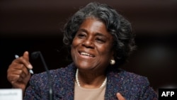 Linda Thomas-Greenfield, calon duta besar AS untuk PBB, berbicara di hadapan Komite Hubungan Luar Negeri Senat, di Capitol Hill, Washington, Rabu, 27 Januari 2021. 