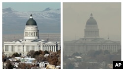 FILE - This combination of Dec. 13 and 17, 2018 photos shows the Utah State Capitol during a clear and an inversion day in Salt Lake City. (AP Photo/Rick Bowmer)