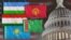 A picture illustration shows the flags of Kazakhstan, Kyrgyzstan, Tajikistan, Turkmenistan and Uzbekistan alongside an image of the U.S. Capitol dome. 