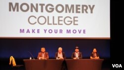(From the left) Ben Bao, Dr. Alfred Munez, Joel Gershon, and Pin Phounam spoke at a panel discussion before the screening of First They Killed My Father at Montgomery College, Silver Spring, MD, October 20th, 2017. (Nem Sopheakpanha/ VOA Khmer)