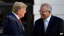 Presiden AS Donald Trump dan Perdana Menteri Australia Scott Morrison dalam upacara penyambutan kenegaraan di Gedung Putih, Washington, 20 September 2019. (Foto: AP)