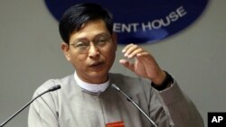 Myanmar's government spokesman Zaw Htay talks to media during a press briefing at the Presidential Palace in Naypyitaw, Jan. 7, 2019. He said AA Arakan Army met with ARSA terrorist group in 2018 in Bangladesh.