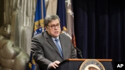 Jaksa Agung Amerika Serikat, William Barr, di kantor pusat Departemen Kehakiman, Washington, D.C., 22 Januari 2020. (Foto: dok).