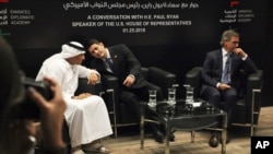 پل رایان رئیس مجلس نمایندگان ایالات متحده (نفر وسط) در نشستی در ابوظبی، امارات متحده عربی - ۵ بهمن ۱۳۹۶