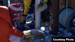 Water from the Greenland perennial firn aquifer draining from a core extracted 12 m below the surface of the ice sheet. The core was drilled in April, months prior to seasonal melt, with air temperatures -15 C confirming the water was retained at depth th