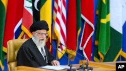 Iran's Supreme Leader Ayatollah Ali Khamenei delivers a speech at a conference in Tehran, Iran, Feb. 21, 2017. 