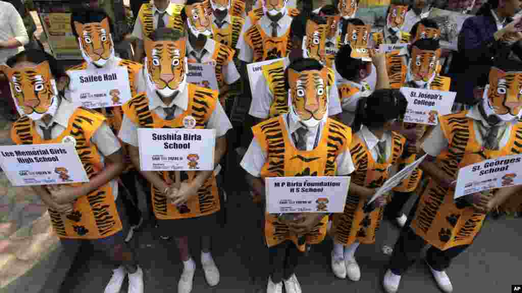Siswa India mengenakan topeng harimau ketika ikut dalam kampanye untuk meningkatkan kesadaran menyelamatkan harimau di Kalkuta.