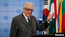 U.N.-Arab League Envoy to Syria Lakhdar Brahimi speaks to the media at the United Nations headquarters in New York, May 13, 2014.