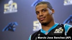 Carolina Panthers quarterback Cam Newton (1) answers questions during a press conference Wednesday, Feb. 3, 2016 in San Jose, Calif. 