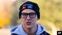 FILE - Dylan Voller speaks to the media during a press conference in Canberra, Australia, May 24, 2018. 