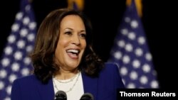 Democratic vice presidential candidate Kamala Harris speaks at the first joint campaign appearance with Joe Biden in Wilmington, Delaware, August 12, 2020.
