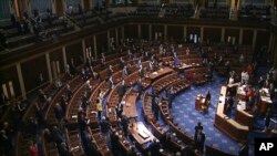 រូបឯកសារ៖ សភាអាមេរិកធ្វើការអនុម័តកញ្ចប់ច្បាប់មួយនៅរដ្ឋធានីវ៉ាស៊ីនតោន កាលពីថ្ងៃទី២៧ ខែមីនា ឆ្នាំ២០២០។ 