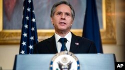 资料照片：美国国务卿布林肯在美国国务院发表外交政策讲话。(2021年3月3日)