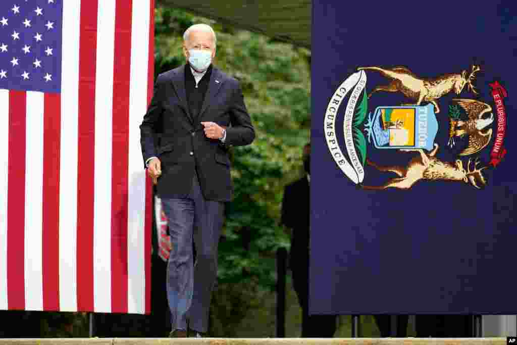 Democratic presidential candidate Joe Biden arrives to speak at United Food &amp; Commercial Workers Union Local 951 in Grand Rapids, Mich., Oct. 2, 2020. 