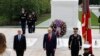 President Donald Trump stands with Vice President Mike Pence and Gen Omar Jones, Commanding General at Joint Force Headquarters, attend Memorial Day ceremony, May 25, 2020. 