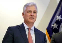 FILE - National security adviser Robert O'Brien addresses media during a news conference in Berlin, Jan. 20, 2020.