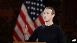 FILE - In this Oct. 17, 2019, file photo Facebook CEO Mark Zuckerberg speaks at Georgetown University in Washington.