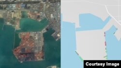 중국 룽커우 항을 찍은 구글어스 위성사진(왼쪽)과 선박의 위치를 보여주는 마린트래픽 이미지 비교 화면. 오른쪽 이미지 하단에 연두색 점으로 표시된 선박 중 6척이 북한 선박이다.