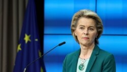 European Commission President Ursula von der Leyen listens to a question during an online news conference at the end of a EU summit at the European Council building in Brussels, Thursday, March 25, 2021. European Union leaders struggled Thursday to…