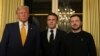 French President Emmanuel Macron, center, poses with President-elect Donald Trump, left, and Ukraine's President Volodymyr Zelenskyy at the Elysee Palace, Dec. 7, 2024 in Paris. 