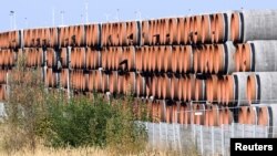 FILE - Unused pipes for the Nord Stream 2 gas pipeline under the Baltic Sea are seen in the harbor of Mukran, Germany, on Sept. 30, 2022. 