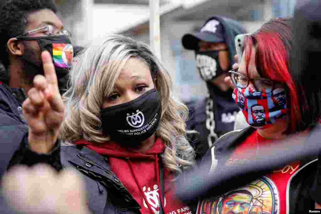 Toshira Garraway and Courtney Ross, George Floyd&#39;s girlfriend, speak to the media as the verdict announcement is expected in the trial of former Minneapolis police officer Derek Chauvin.