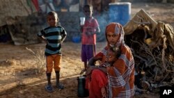 FILE - Fatima Ali and her children, who fled the drought, sit by their makeshift hut in a camp for the displaced in Qardho in Somalia's semiautonomous northeastern state of Puntland, March 9, 2017, .