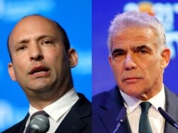 A combination of file photos shows Israeli Education Minister Naftali Bennett speaking in Jerusalem May 14, 2018 and Yesh Atid party leader Yair Lapid delivering a speech in Tel Aviv, Israel March 24, 2021.