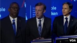 美国国防部长奥斯汀（左）、国家安全部问沙利文（中）和美国国务卿布林肯（右）2021年7月13日在华盛顿出席全球技术峰会