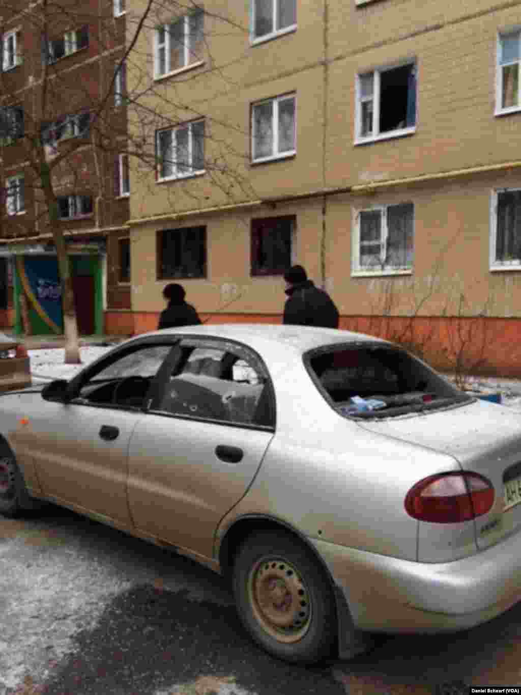 Damage from an artillery attack is seen in a residential area of Kramatorsk, eastern Ukraine, Feb. 10, 2015.