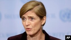 사만다 파워 유엔주재 미국대사가 지난 3월 뉴욕 유엔 본부에서 기자회견을 열고, 안보리의 새 대북제재 결의에 대한 미국 정부의 입장을 밝히고 있다. (자료사진)