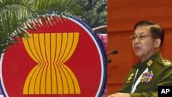 Logo ASEAN dan Min Aung Hlaing (AP)