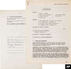 This undated photo provided by Heritage Auctions from an upcoming Beatles collection sale shows the Beatles’ first recording contract, which was signed in Hamburg, Germany, where the band honed its craft performing in the city’s nightclub district.