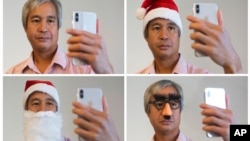 In this combo of Monday Oct. 30, 2017, photos, Associated Press reporter Nick Jesdanun demonstrates Face ID, Apple's name for its facial-recognition technology, on an iPhone X in New York. (AP Photo/Mark Lennihan)