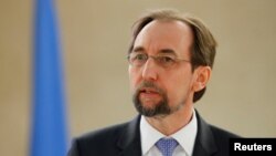 Zeid Ra'ad al-Hussein, U.N. High Commissioner for Human Rights, addresses the Human Rights Council at the United Nations in Geneva, Switzerland Feb. 26, 2018. 