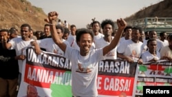  Supporters celebrate as they welcome Merera Gudina, leader of the Oromo Federalist Congress party after his release from prison in Addis Ababa, Ethiopia, Jan. 17, 2018.