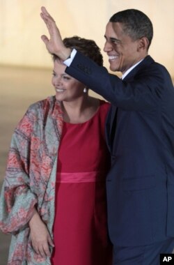US President Barack Obama with Brazil President Dilma Rousseff at Itamaraty Palace in Brasilia, Brazil, March 19, 2011.