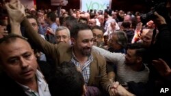 FILE - Spain's far-right Vox Party President Santiago Abascal arrives at a party rally in Murcia, Spain, Nov. 14, 2018.