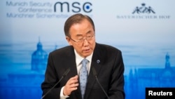 U.N. Secretary-General Ban Ki-moon gives his speech during the annual Munich Security Conference, Feb. 1, 2014. 