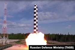 RUSSIA -- Russia's new Sarmat intercontinental ballistic missile blasts off during a test launch from an undisclosed location in Russia, July 19, 2018