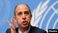 토마스 오헤아 퀸타나 유엔 북한인권 특별보고관이 지난 12일 스위스 제네바에서 기자회견에서 발언하고 있다.