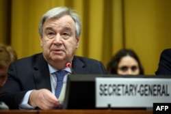 FILE - U.N. Secretary-General Antonio Guterres delivers a speech in Geneva, Feb. 25, 2019.