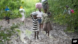 Villagers carry food for people taking care of their livestock in Tsholostho, about 200 kilometers north of Bulawayo, Zimbabwe, March 4, 2017.