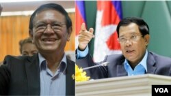 រូបឯកសារ៖ លោក​ កឹម សុខា​ (ឆ្វេង) មេ​ដឹក​នាំ​គណបក្ស​សង្គ្រោះ​ជាតិ ដែល​កំពុងជាប់​ឃុំ​ឃាំង​ក្នុង​ផ្ទះនិង​លោក​នាយករដ្ឋមន្ត្រី ហ៊ុន សែន (ស្តាំ)។ (VOA)