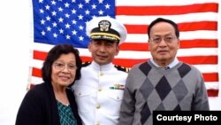 U.S. Navy Commander Chap Sokunthea with his parents. (Courtesy photo of the Chap's family)