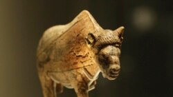 A sculpture of an adult female bison worked from a large piece of mammoth tusk dates at least 21,000 years old, discovered at Zaraysk, Osetr Valley, Russia, is seen on display in an exhibition 'Ice Age Art : arrival of the modern mind' at the British Museum